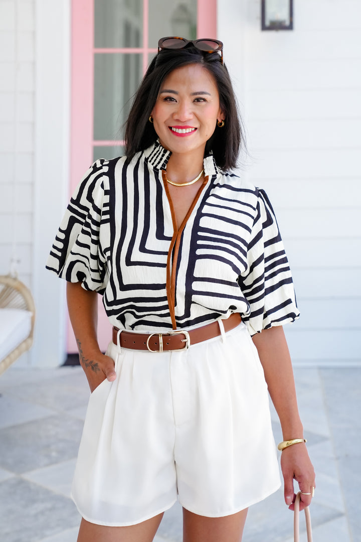 Geometric Print Short Sleeve Split Neck Top