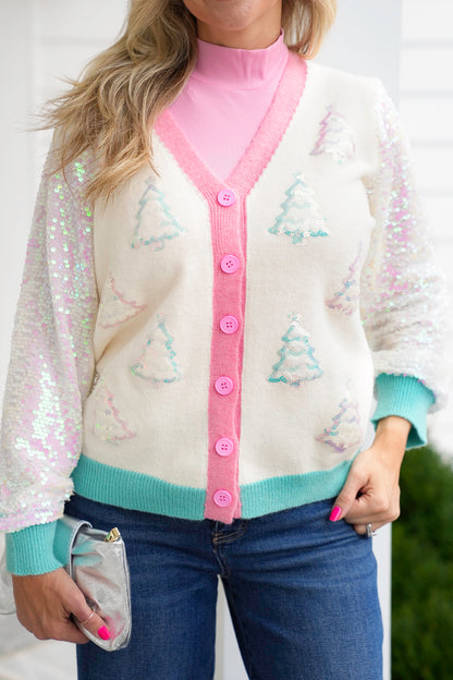 Plus/Reg Glitter Trees Long Sequin Sleeve Button Down Cardigan