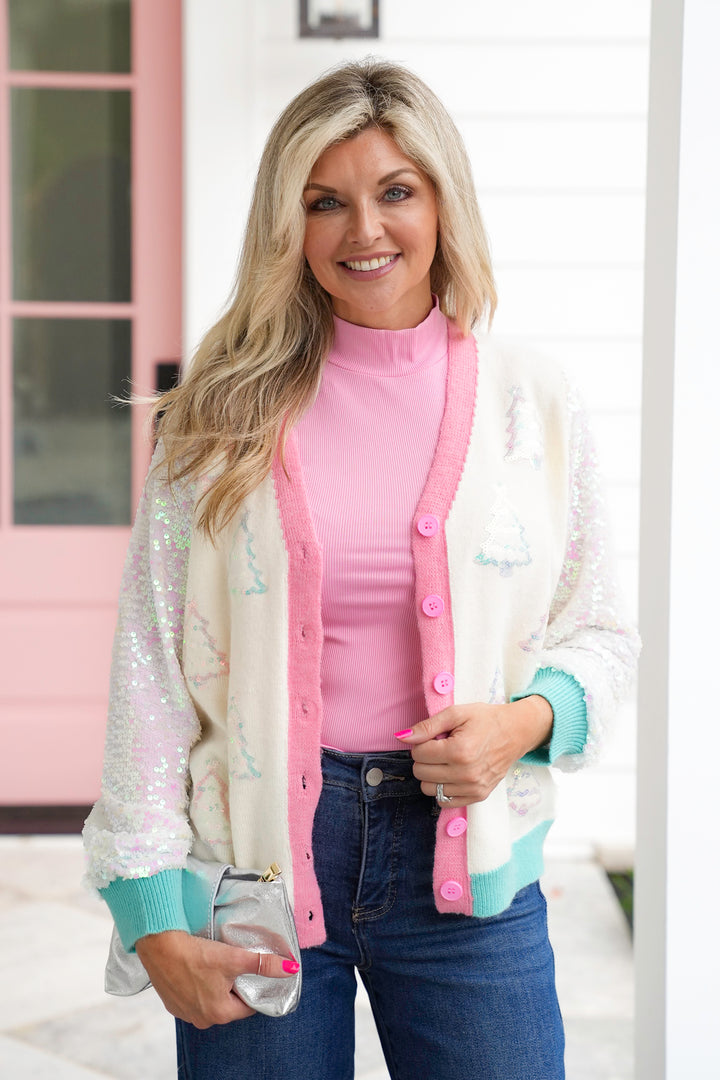 Plus/Reg Glitter Trees Long Sequin Sleeve Button Down Cardigan