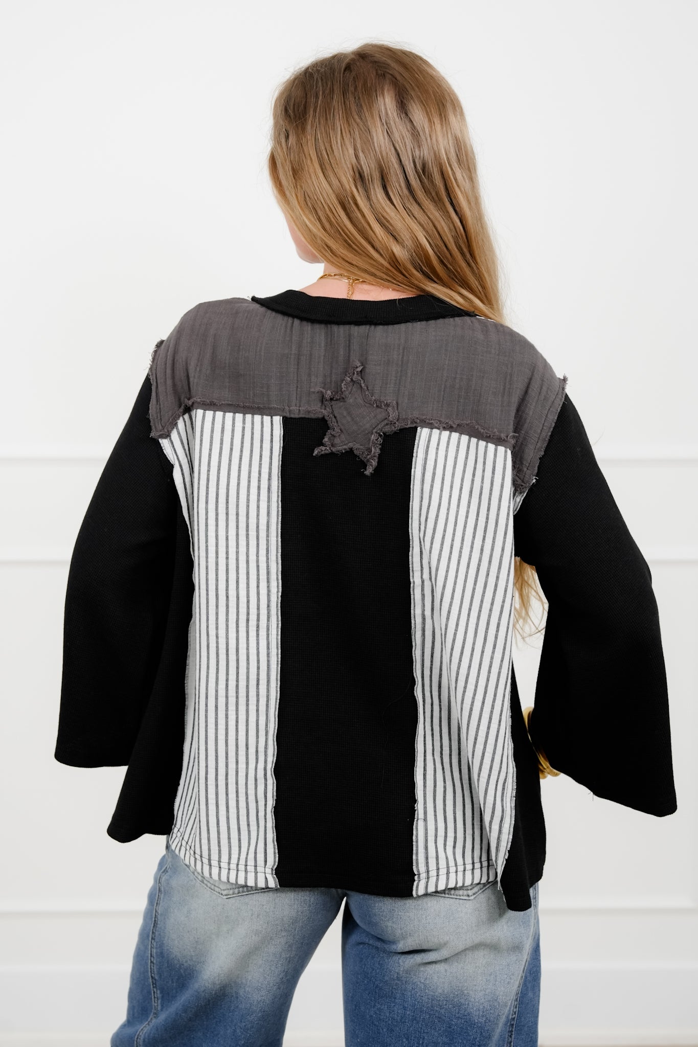 POL Color Block and Stripe Top with Star Patch Detail