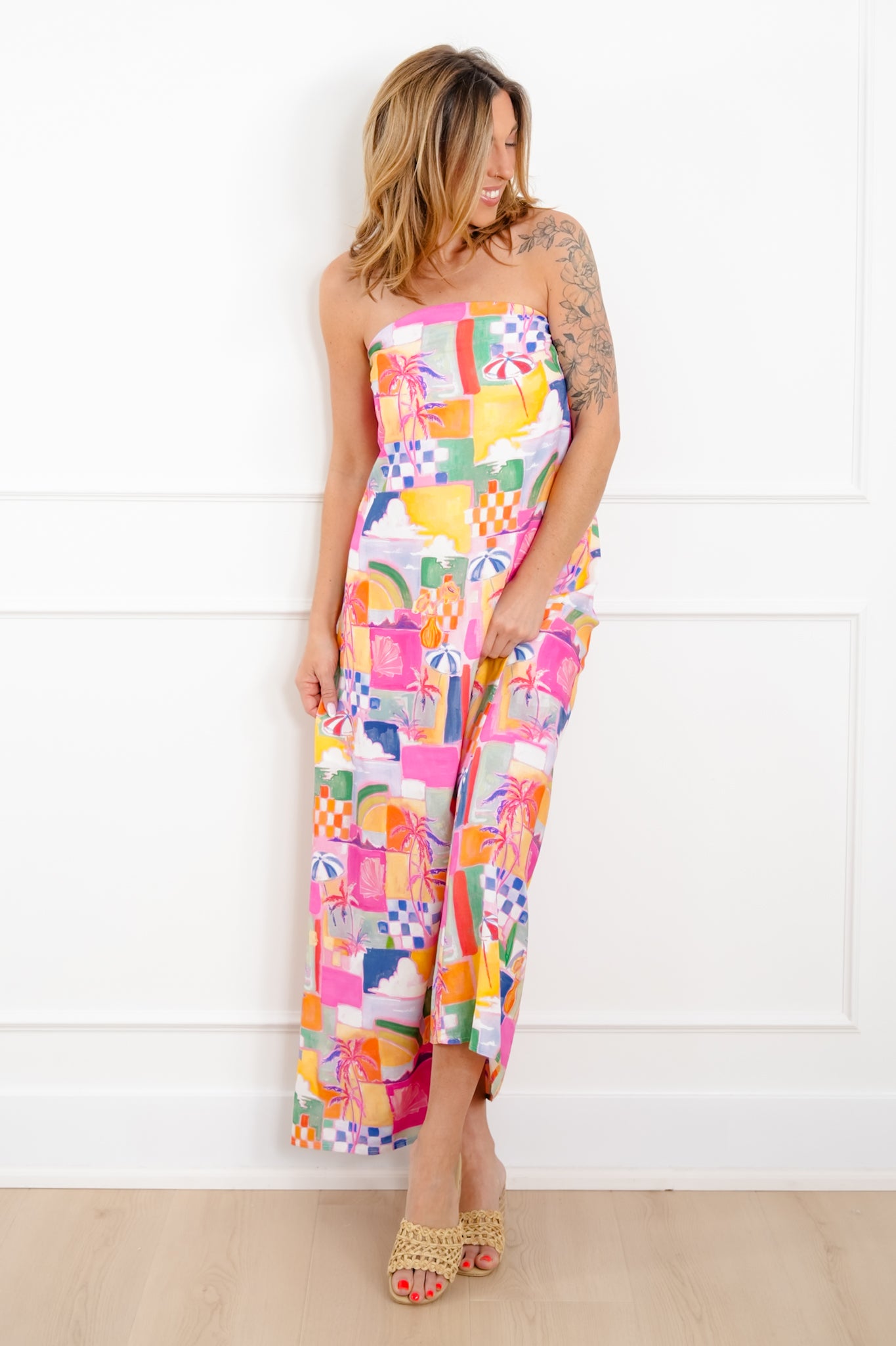Tropical Vacation Print Sleeveless Maxi Dress with Tie Back