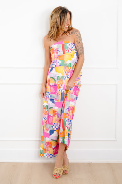 Tropical Vacation Print Sleeveless Maxi Dress with Tie Back