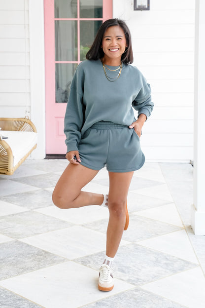 Door Buster! Zenana Fleece Long Sleeve Sweatshirt & Shorts Set