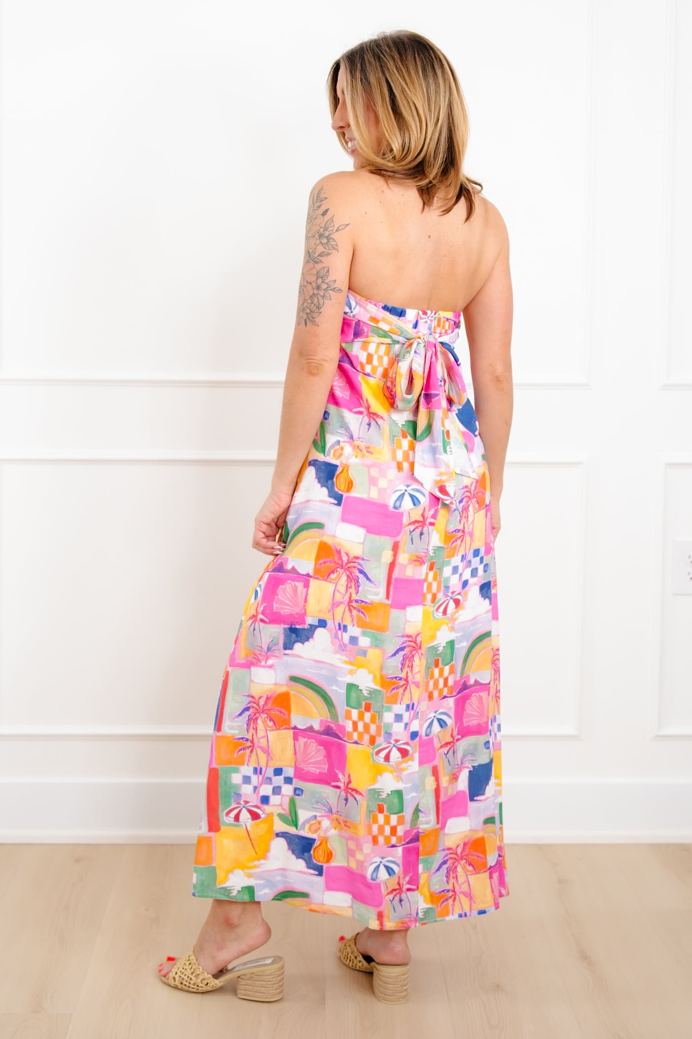 Tropical Vacation Print Sleeveless Maxi Dress with Tie Back