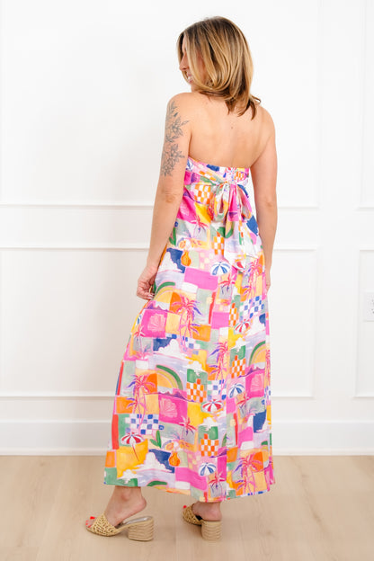 Tropical Vacation Print Sleeveless Maxi Dress with Tie Back