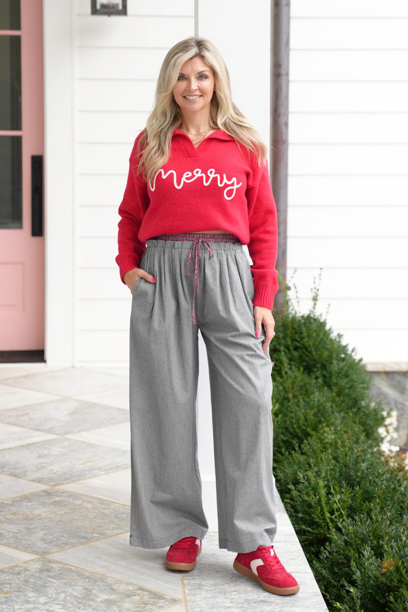 Checkered Elastic Waist Pants with Plaid Accent
