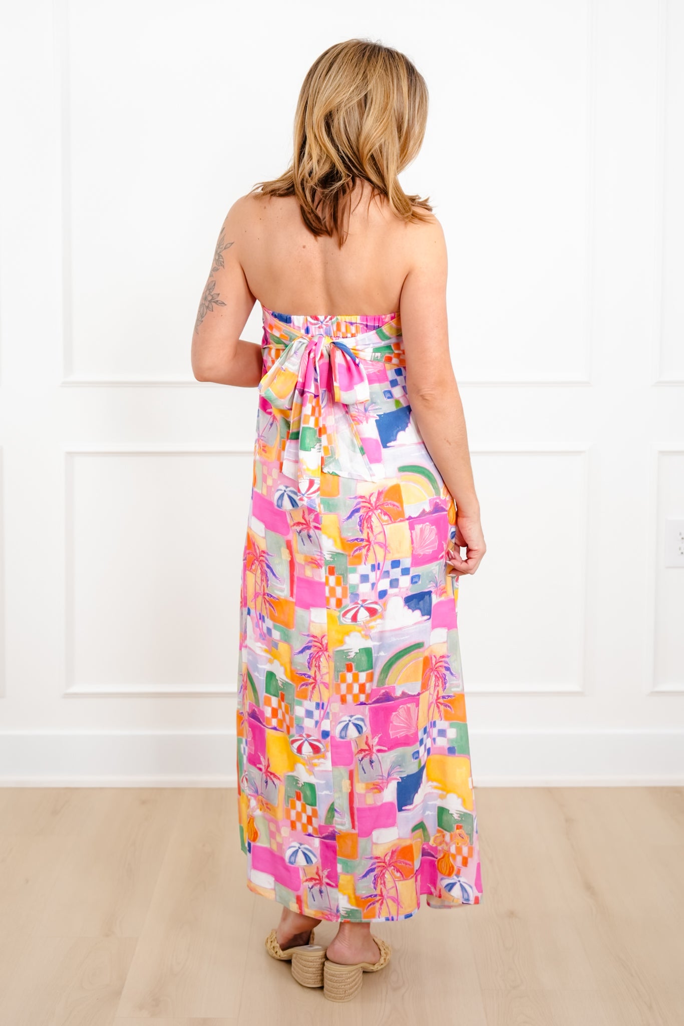 Tropical Vacation Print Sleeveless Maxi Dress with Tie Back