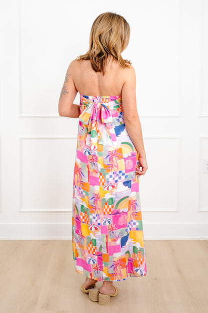 Tropical Vacation Print Sleeveless Maxi Dress with Tie Back