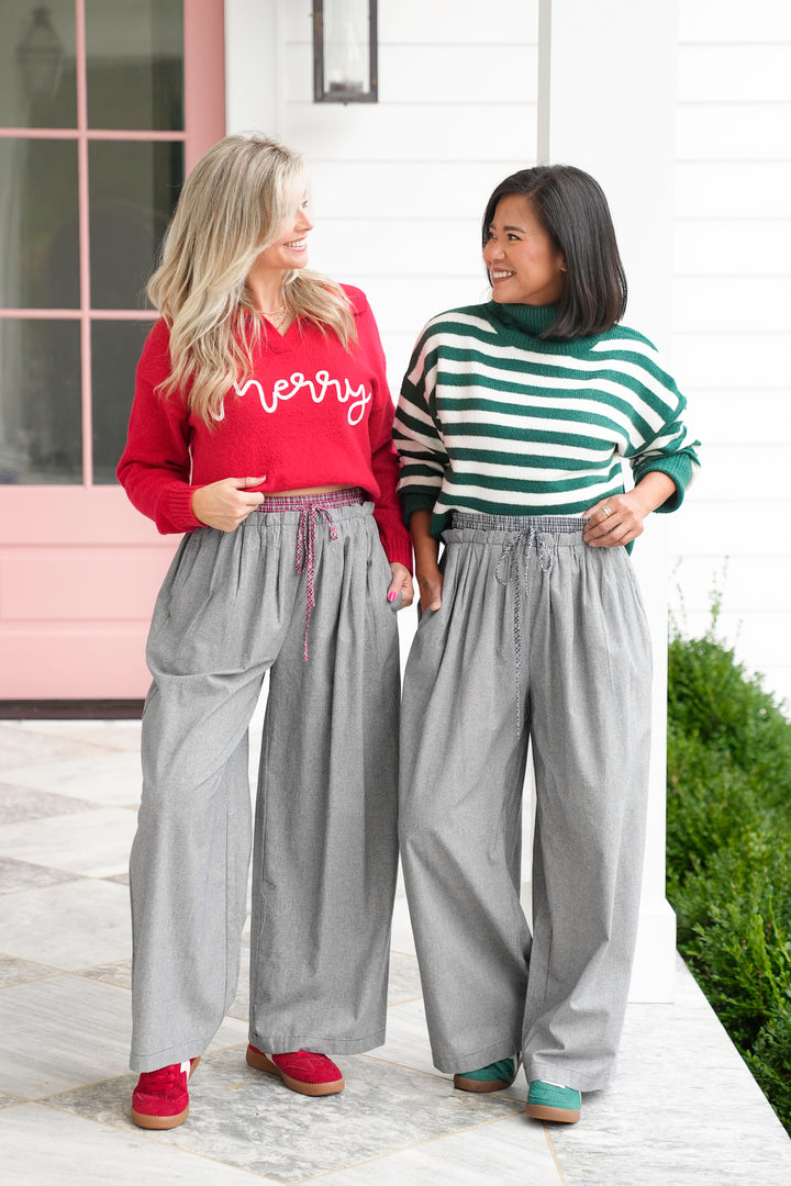 Checkered Elastic Waist Pants with Plaid Accent