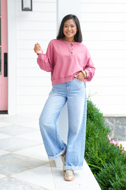 Long Sleeve Henley Sweatshirt Top