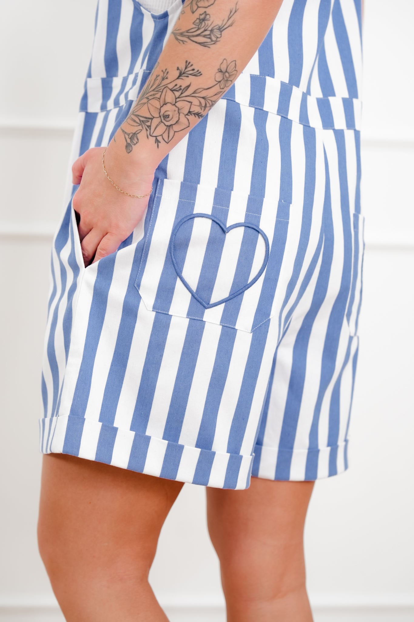 Plus/Reg Stripe Sleeveless Romper with Heart Pockets