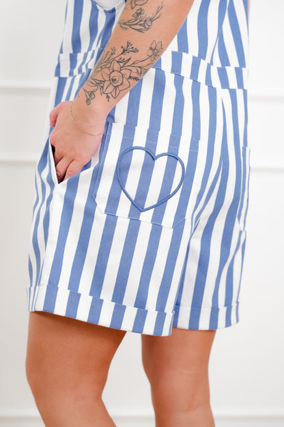 Plus/Reg Stripe Sleeveless Romper with Heart Pockets