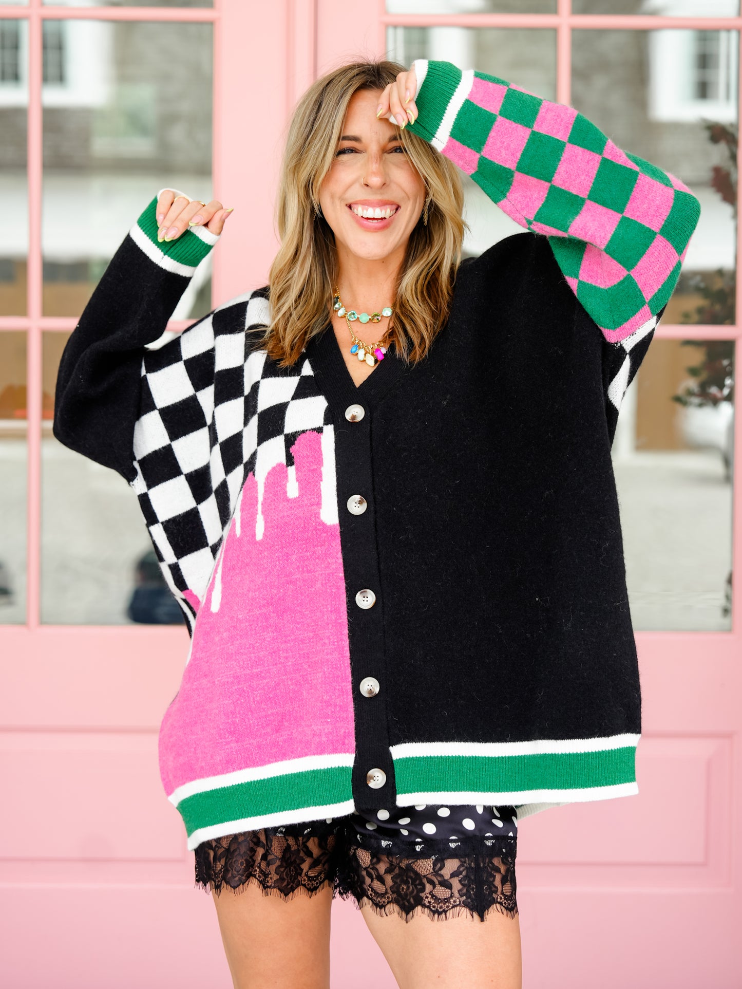 Plus/Reg Checkered Color Block Button Down Cardigan