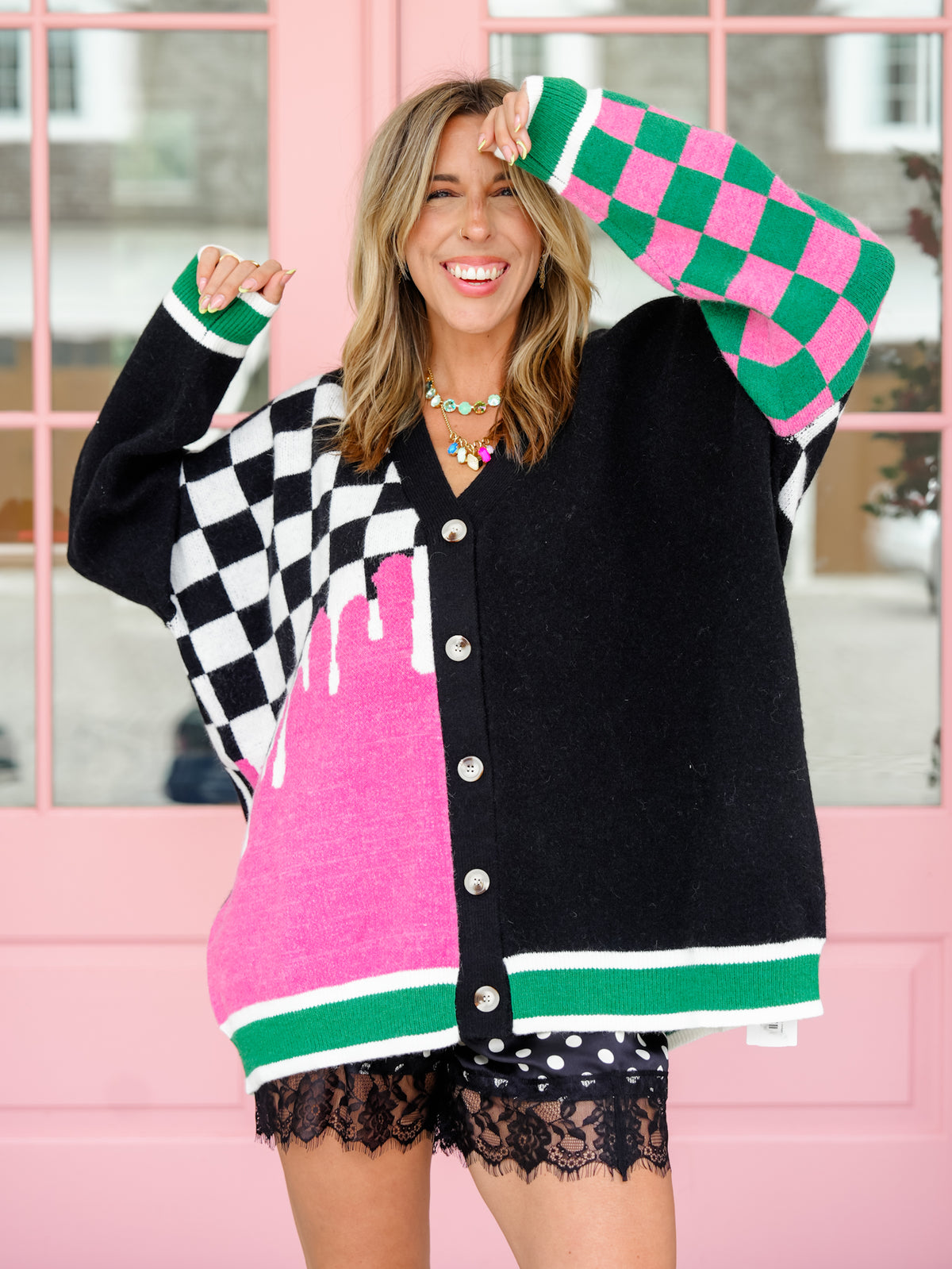 Plus/Reg Checkered Color Block Button Down Cardigan - Freckled Poppy