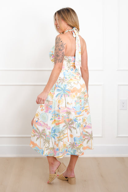 Summer Print Halter Neck Midi Dress