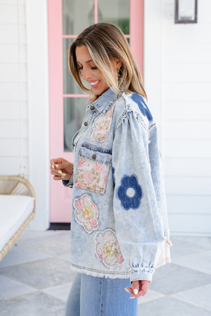 POL Long Sleeve Button Up Jacket with Floral Patch Detail