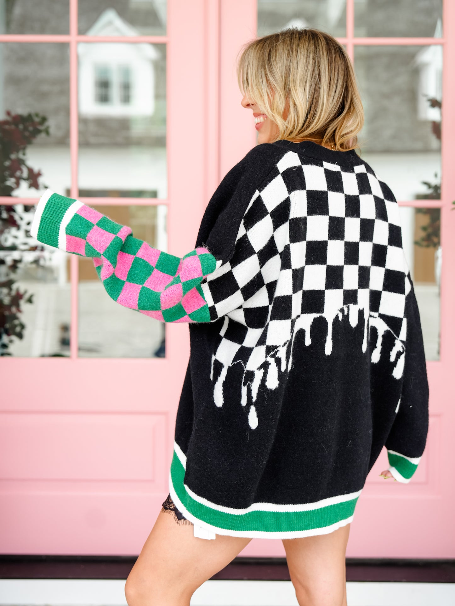 Plus/Reg Checkered Color Block Button Down Cardigan