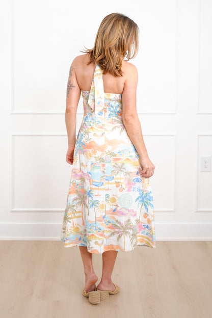Summer Print Halter Neck Midi Dress