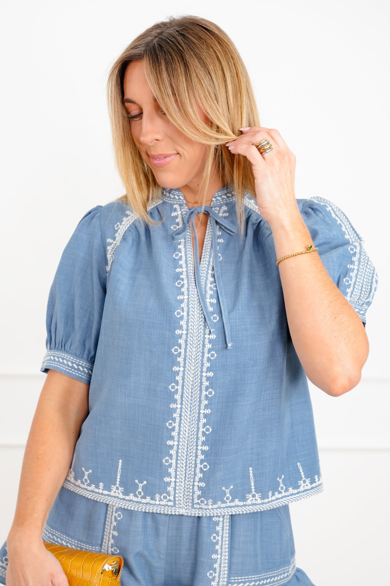 Short Sleeve Embroidered Puff Sleeve Top