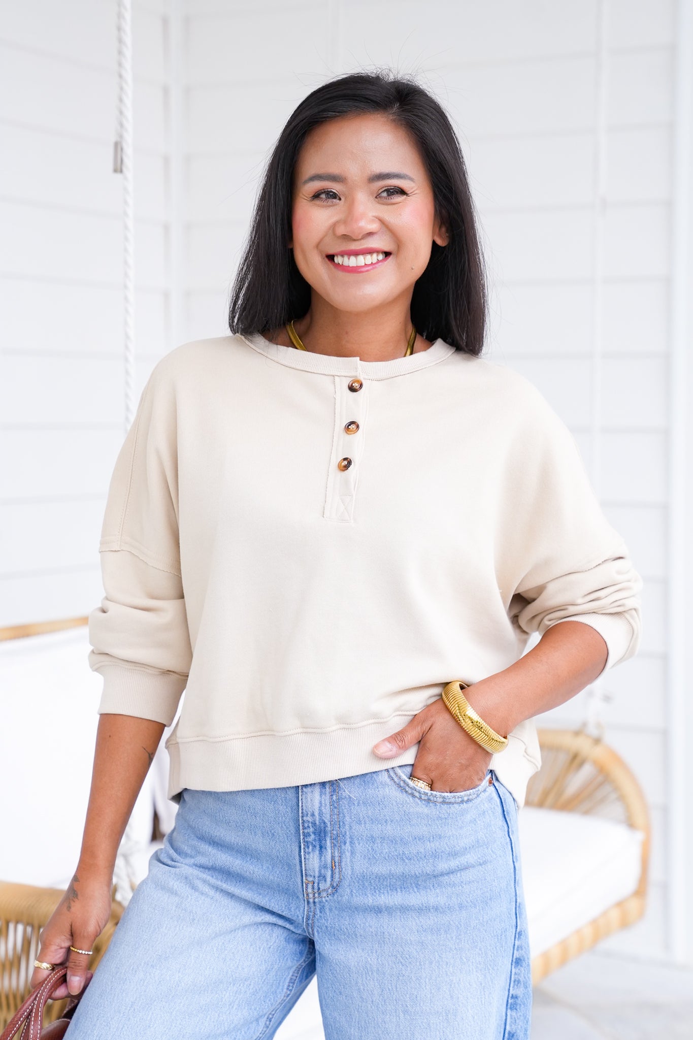 Long Sleeve Henley Sweatshirt Top