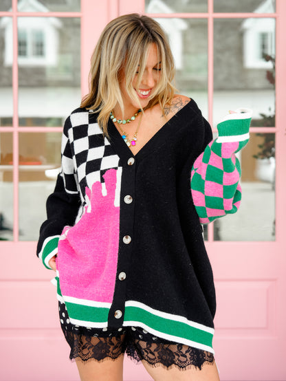 Plus/Reg Checkered Color Block Button Down Cardigan