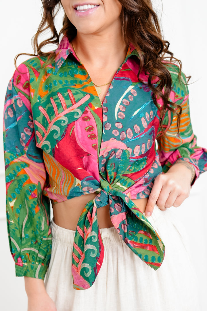 Tropical Print Long Sleeve Button Up Top with Knot