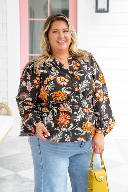 Plus/Reg Floral Print Long Sleeve Peplum Blouse