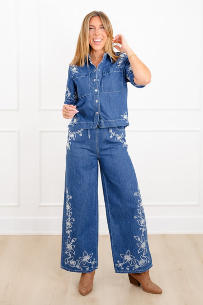 Floral Embroidered Medium Wash Short Sleeve Top and Pants Set