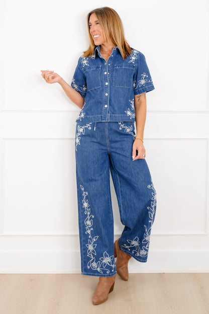 Floral Embroidered Medium Wash Short Sleeve Top and Pants Set