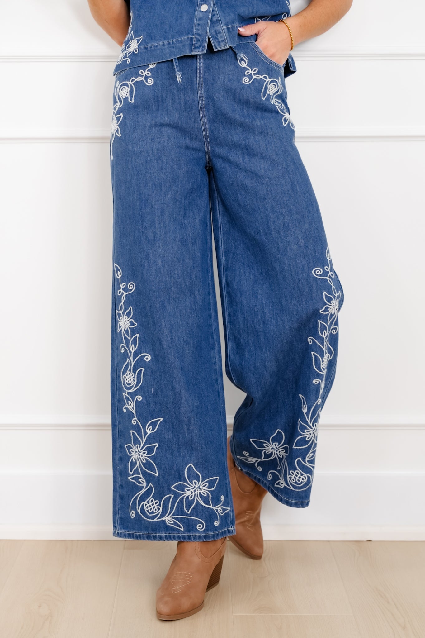 Floral Embroidered Medium Wash Short Sleeve Top and Pants Set