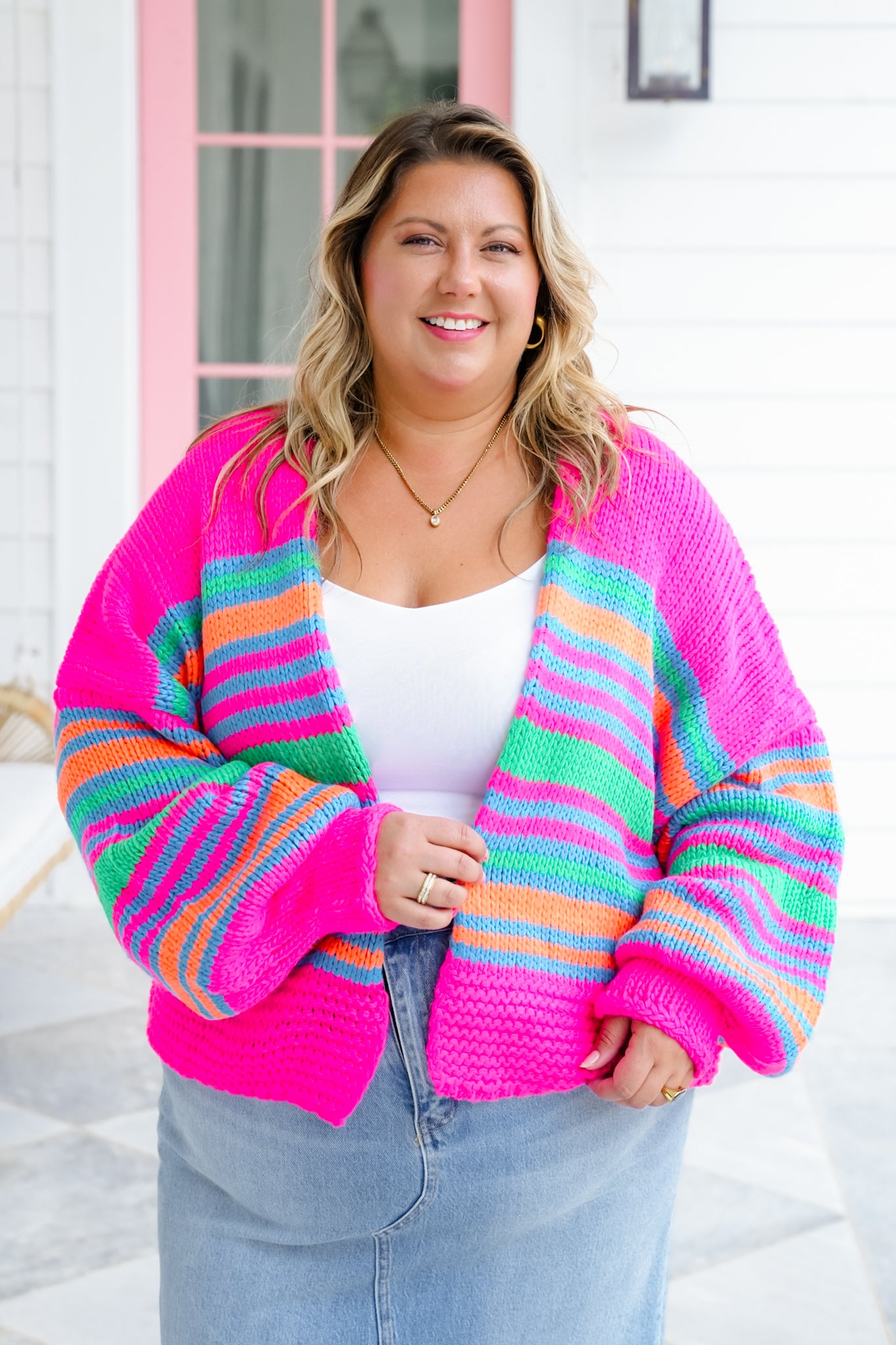 Plus/Reg Striped Long Sleeve Open Cardigan Sweater