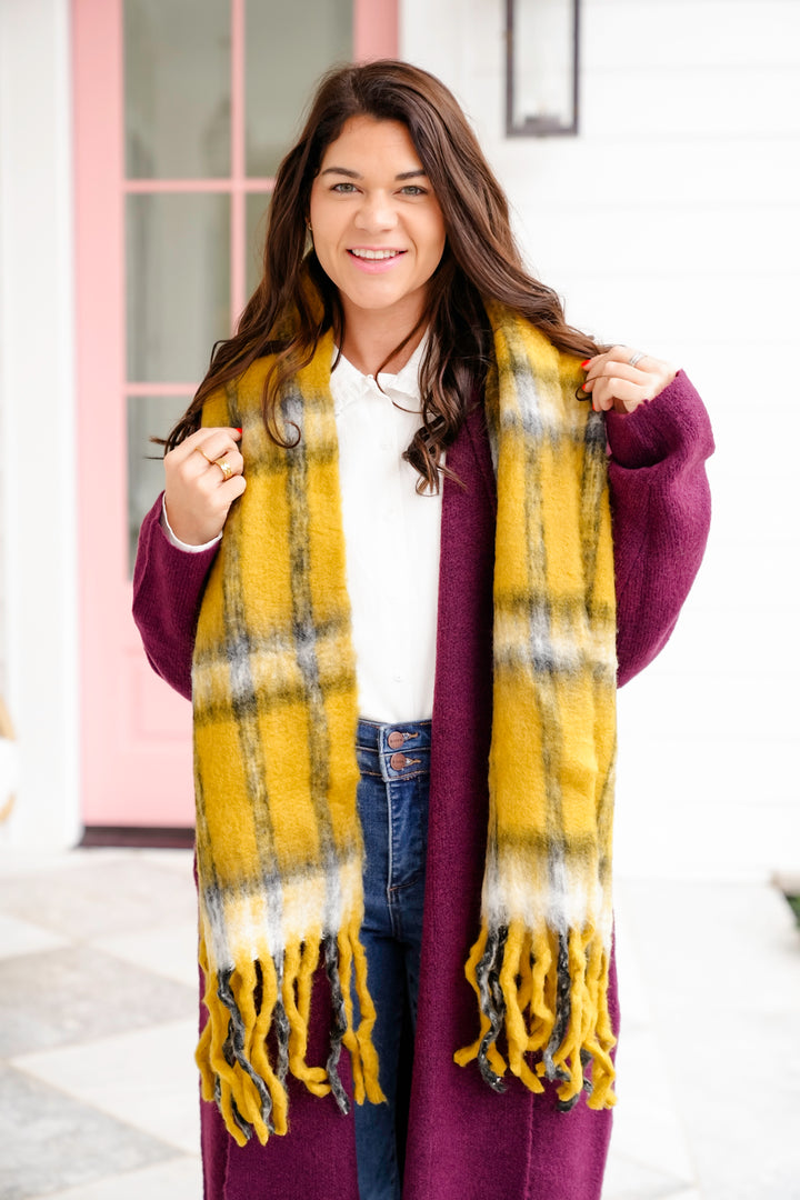 Mustard Plaid Long Scarf with Fringe