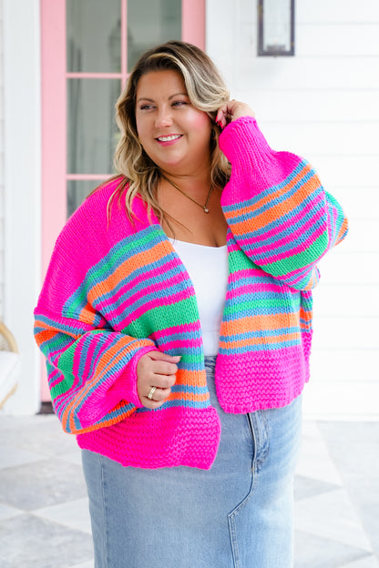 Plus/Reg Striped Long Sleeve Open Cardigan Sweater