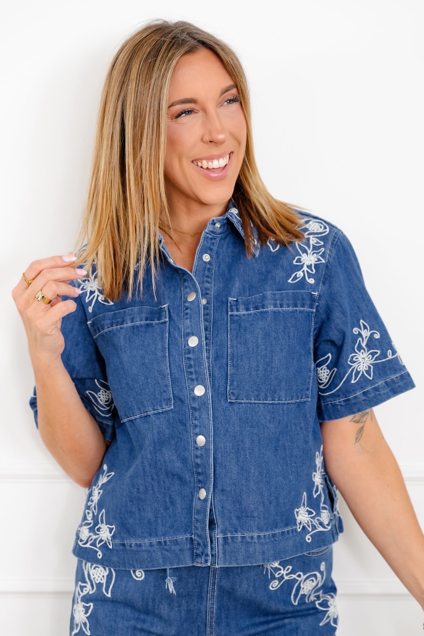 Floral Embroidered Medium Wash Short Sleeve Top and Pants Set
