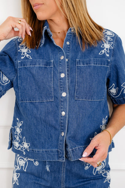 Floral Embroidered Medium Wash Short Sleeve Top and Pants Set
