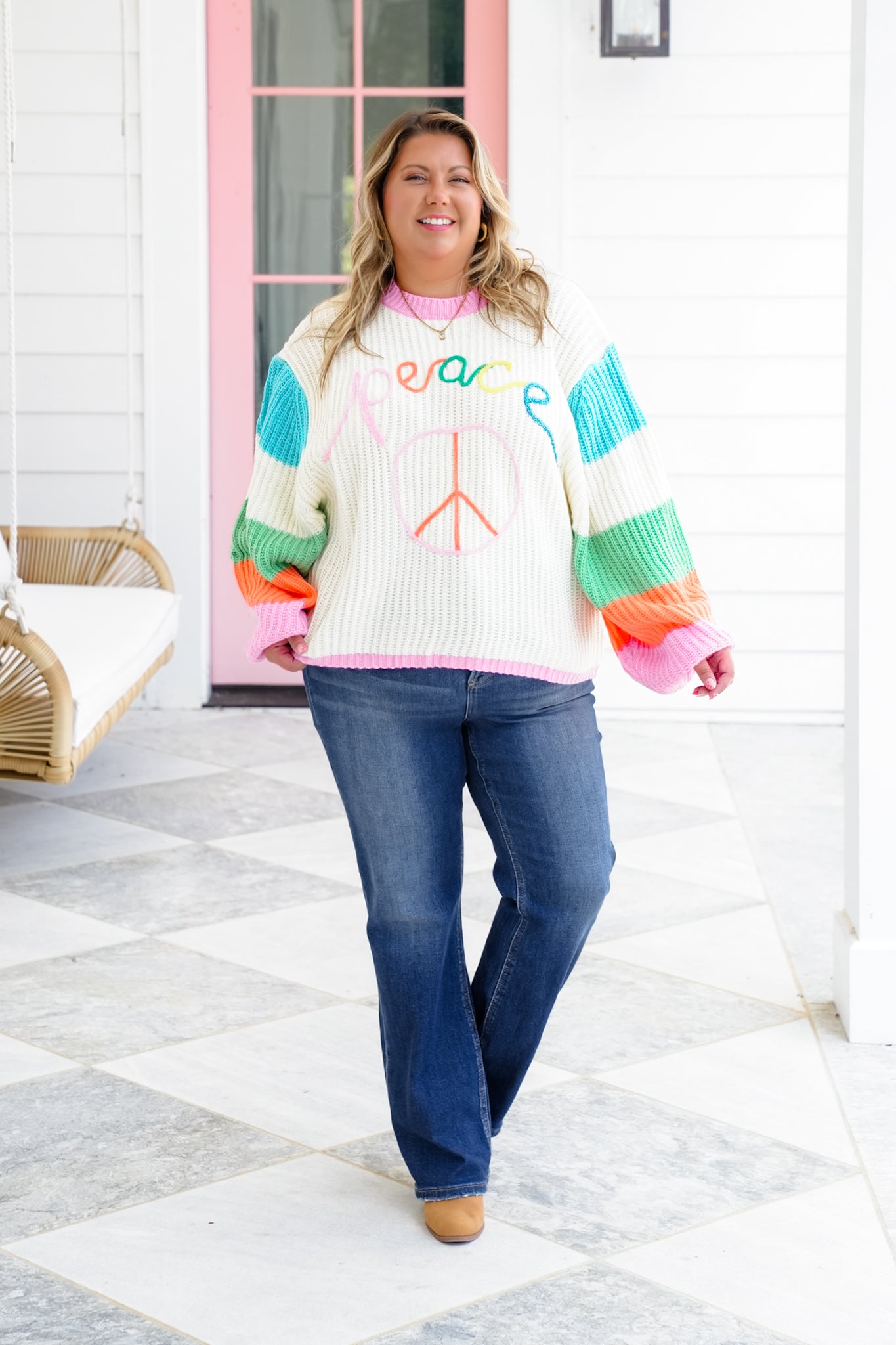 Plus/Reg Color Block Long Sleeve Sweater with Peace Sign