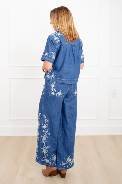 Floral Embroidered Medium Wash Short Sleeve Top and Pants Set