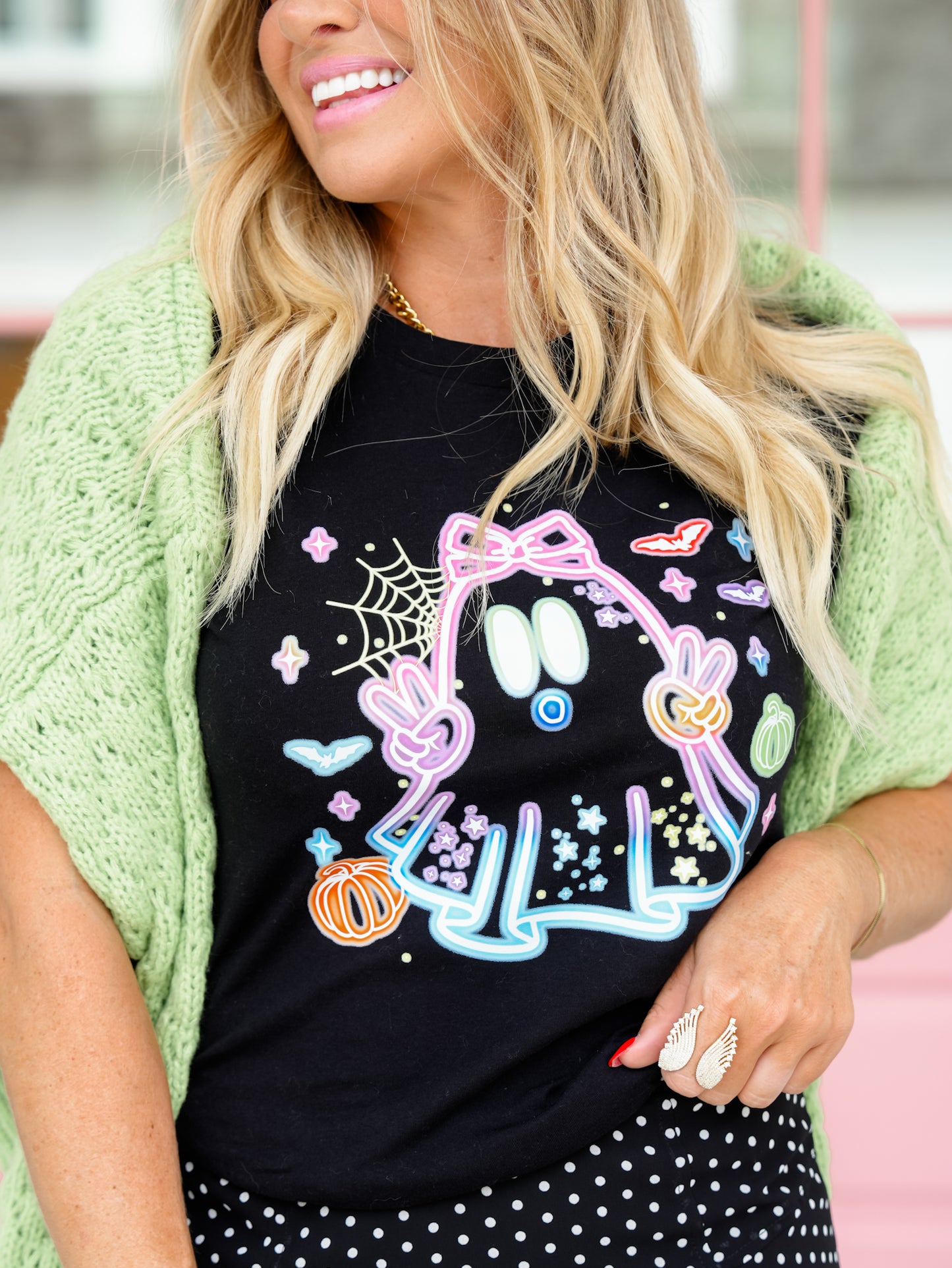 Plus/Reg Black Short Sleeve Neon Boo Ghost Graphic Tee