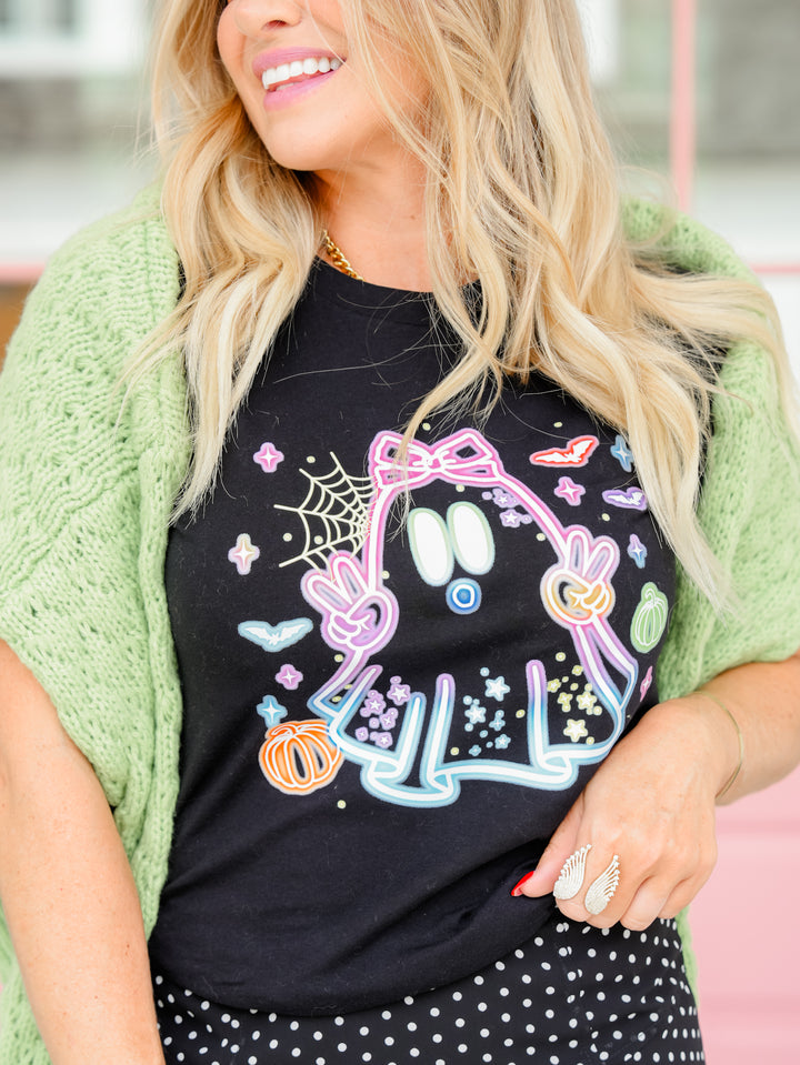 Plus/Reg Black Short Sleeve Neon Boo Ghost Graphic Tee