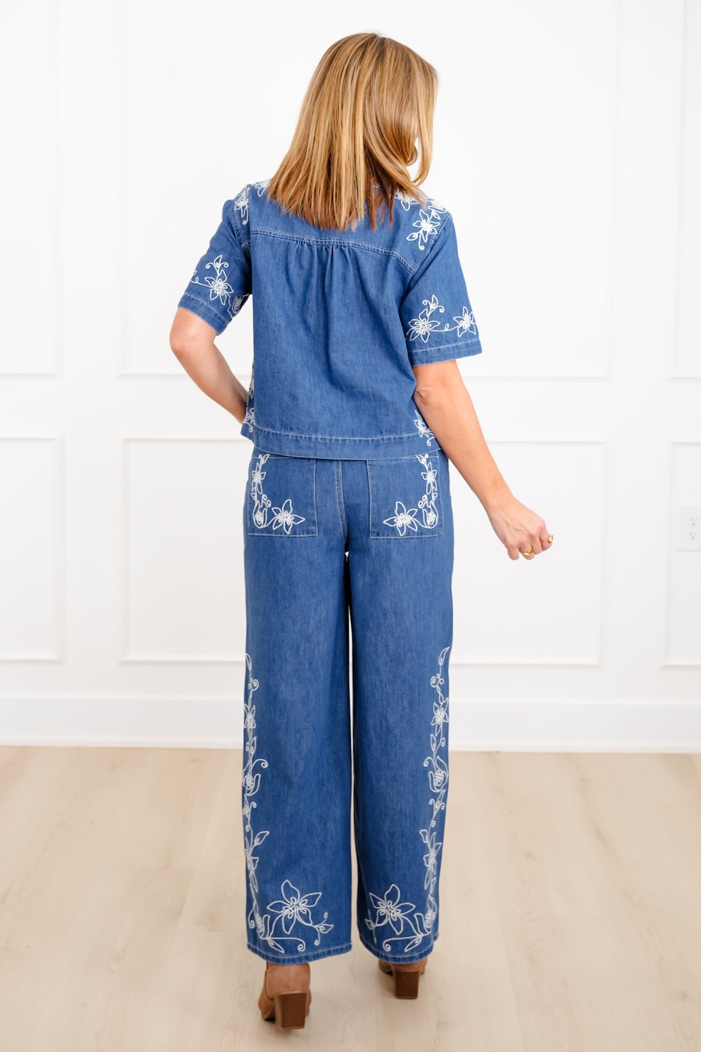 Floral Embroidered Medium Wash Short Sleeve Top and Pants Set