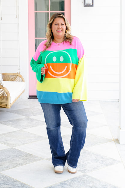 Plus/Reg Stripe Long Sleeve Sweater with Smiley Face Detail