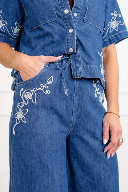 Floral Embroidered Medium Wash Short Sleeve Top and Pants Set