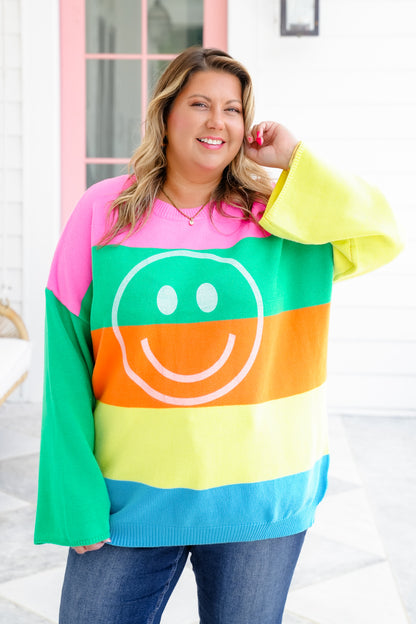 Plus/Reg Stripe Long Sleeve Sweater with Smiley Face Detail