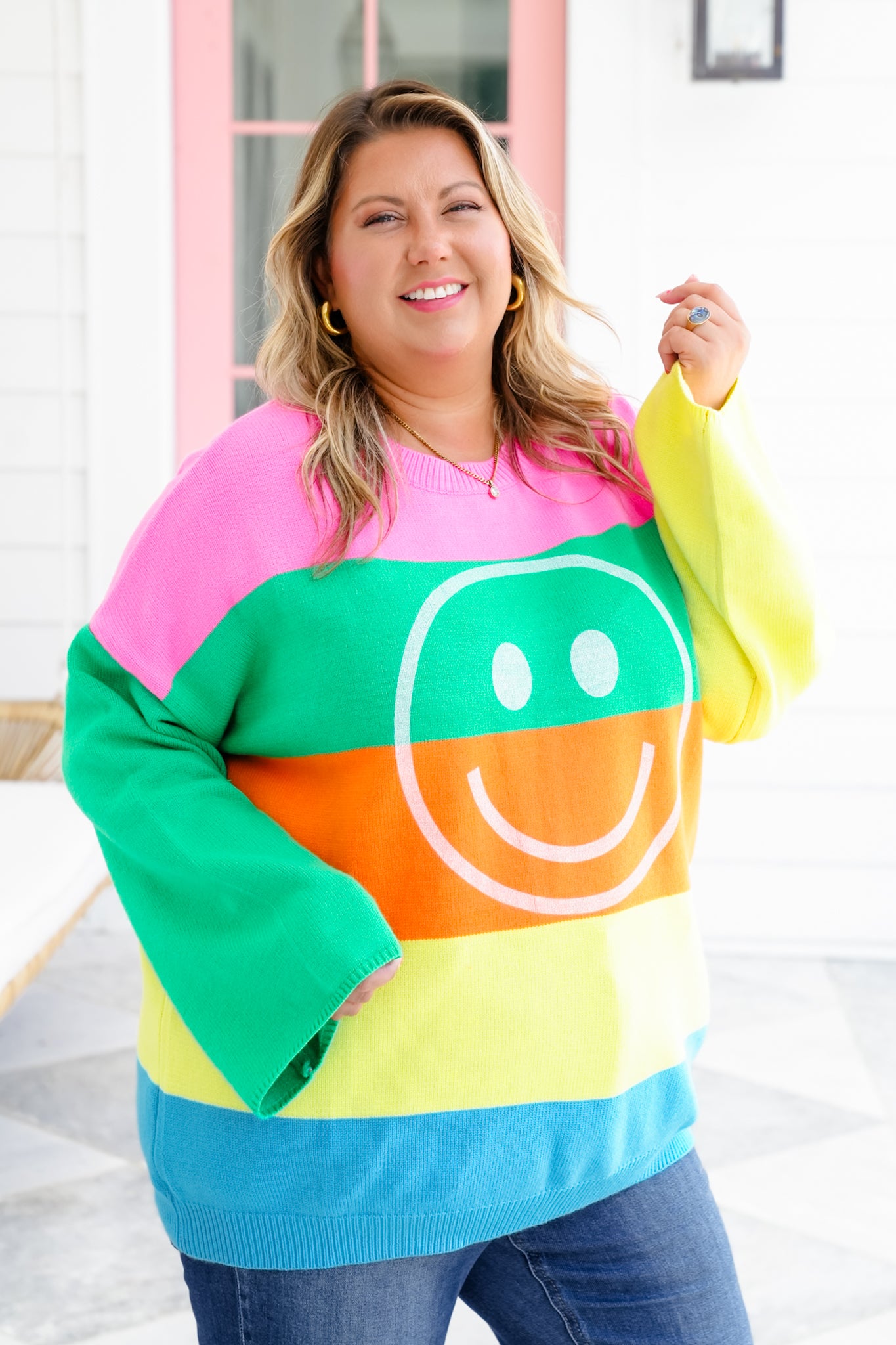 Plus/Reg Stripe Long Sleeve Sweater with Smiley Face Detail