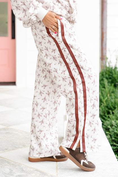 Floral Print Elastic Waist Fleece Sweatpants with Stripes
