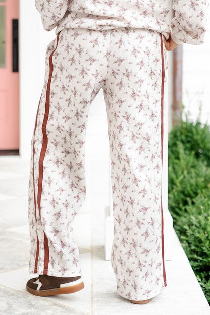 Floral Print Elastic Waist Fleece Sweatpants with Stripes