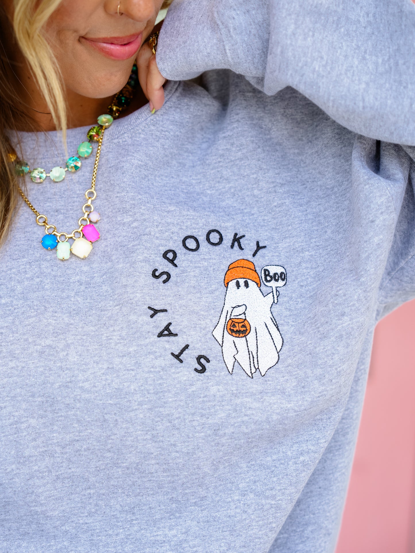 Plus/Reg Long Sleeve Stay Spooky Embroidered Graphic Sweatshirt