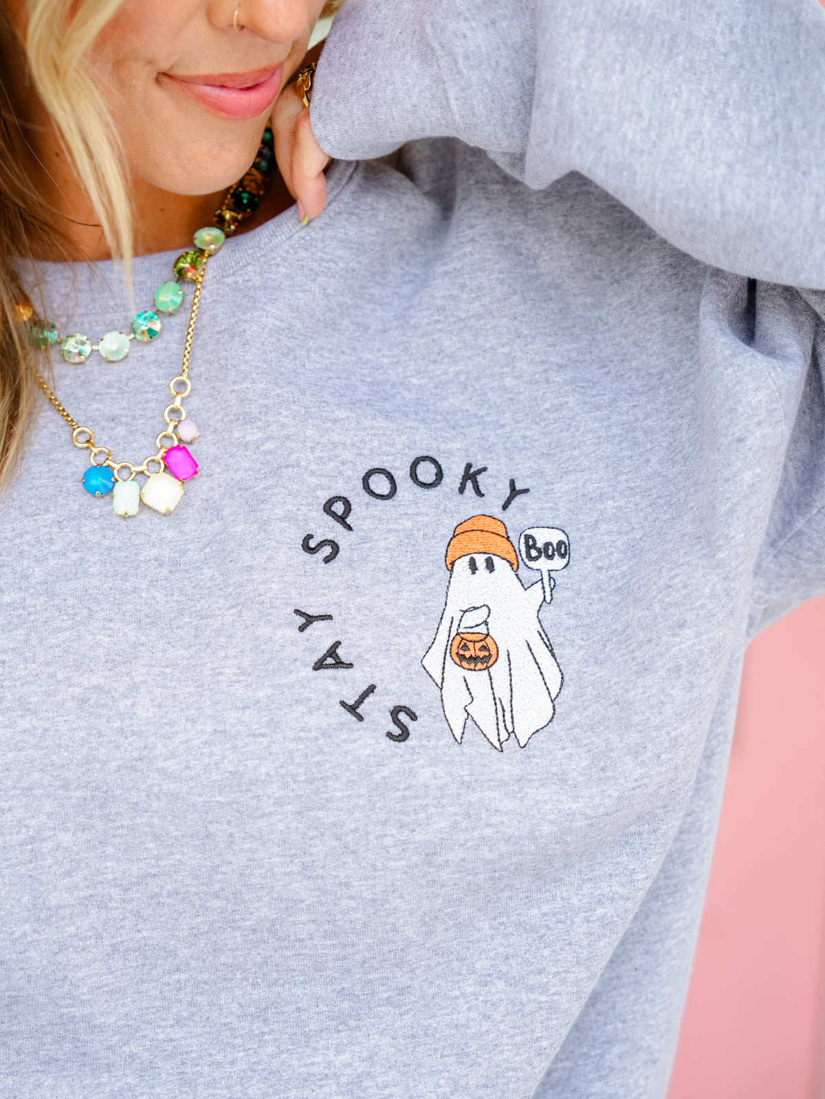 Plus/Reg Long Sleeve Stay Spooky Embroidered Graphic Sweatshirt - Freckled Poppy
