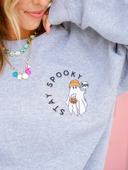 Plus/Reg Long Sleeve Stay Spooky Embroidered Graphic Sweatshirt - Freckled Poppy