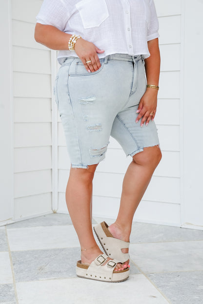 White Birch Light Blue Denim Distressed Shorts